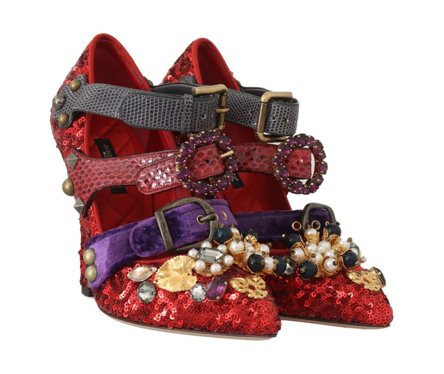 Dolce & Gabbana Red Sequin Crystal Studded Heels Shoes