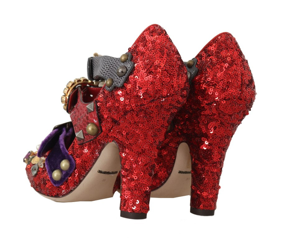 Dolce & Gabbana Red Sequin Crystal Studded Heels Shoes
