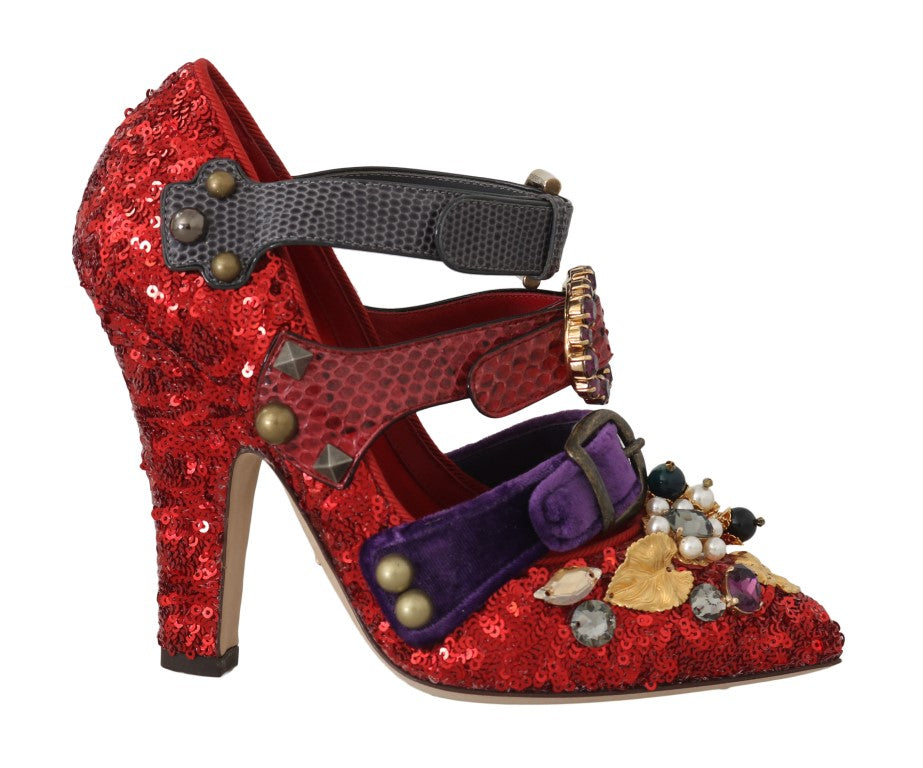 Dolce & Gabbana Red Sequin Crystal Studded Heels Shoes