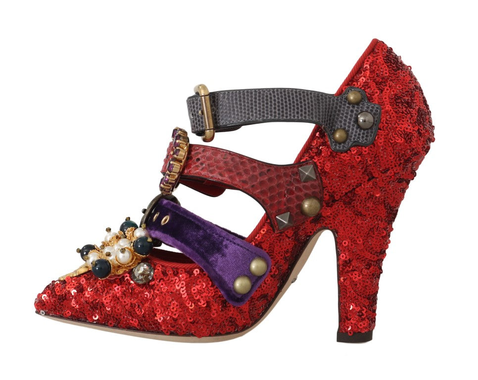 Dolce & Gabbana Red Sequin Crystal Studded Heels Shoes