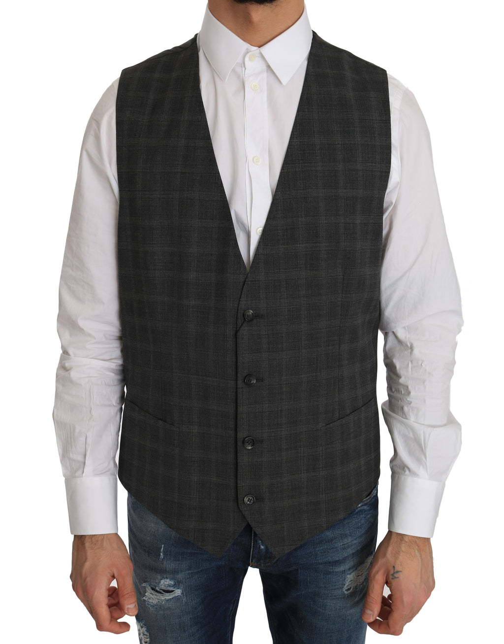 Dolce & Gabbana Graue Wolle STAFF Karierte Stretch-Weste
