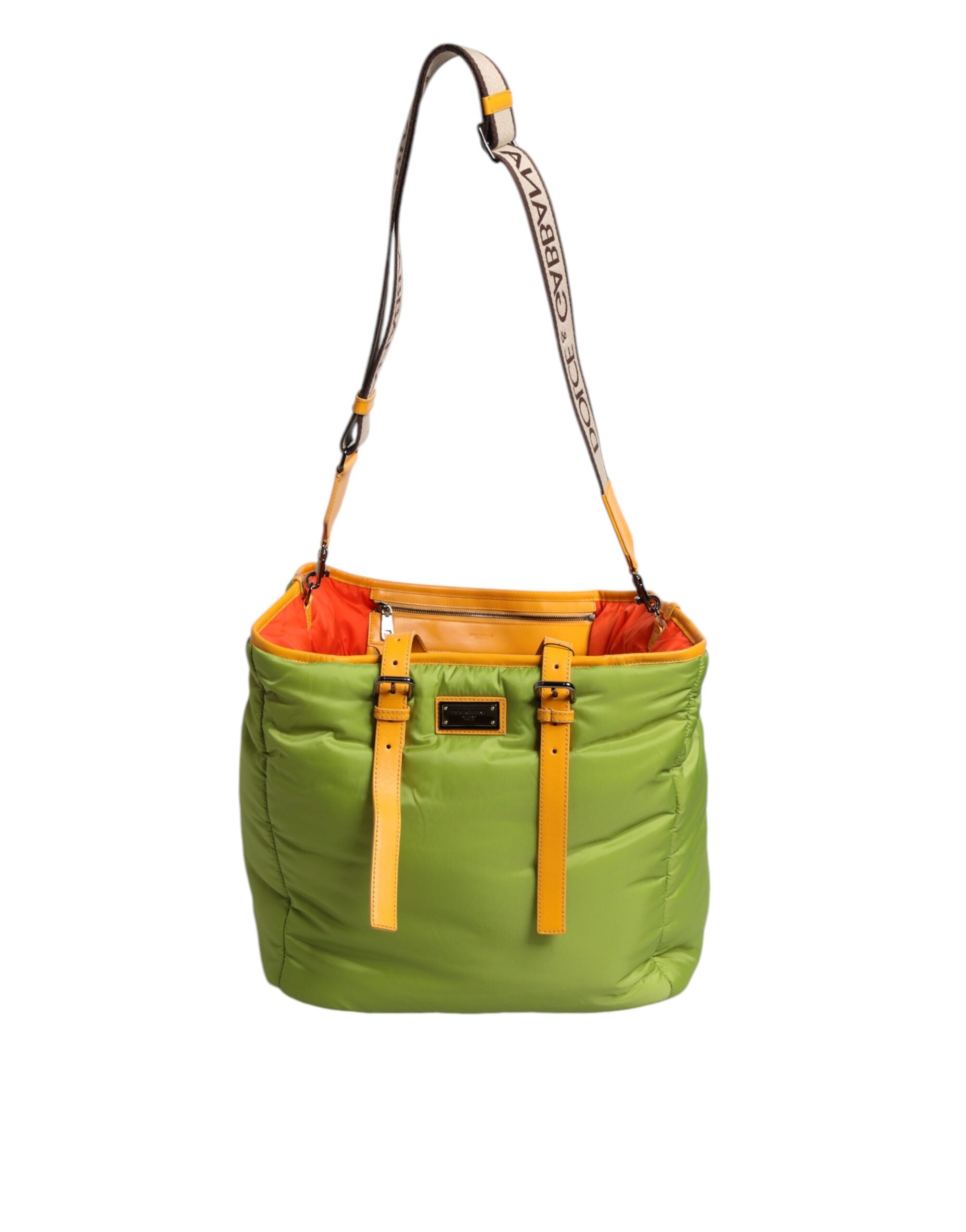Dolce & Gabbana Grüne Nylon gepolsterte Logo Plaque Tote Umhängetasche