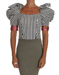 Dolce & Gabbana Weiß Schwarz Gestreiftes Cropped Top Puffärmel Hemden