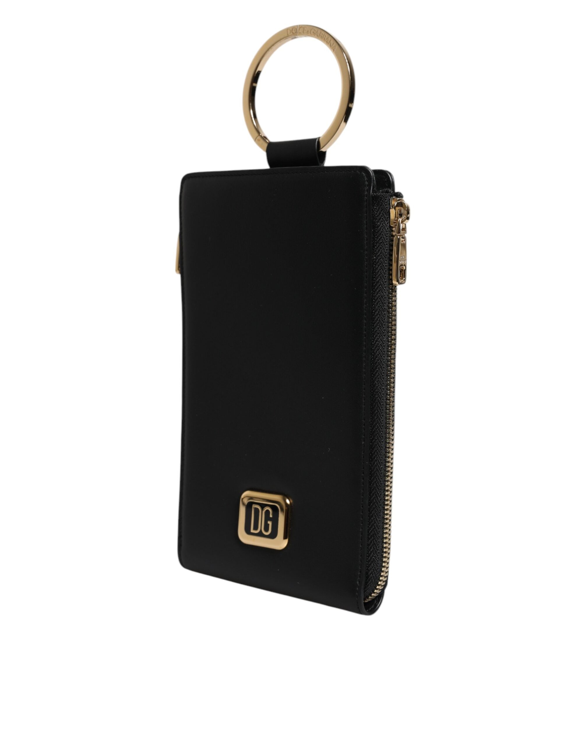 Dolce & Gabbana Black Leather Logo Plaque Lanyard Card Coin Wallet