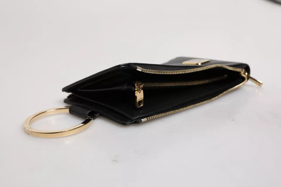 Dolce & Gabbana Black Leather Logo Plaque Lanyard Card Coin Wallet