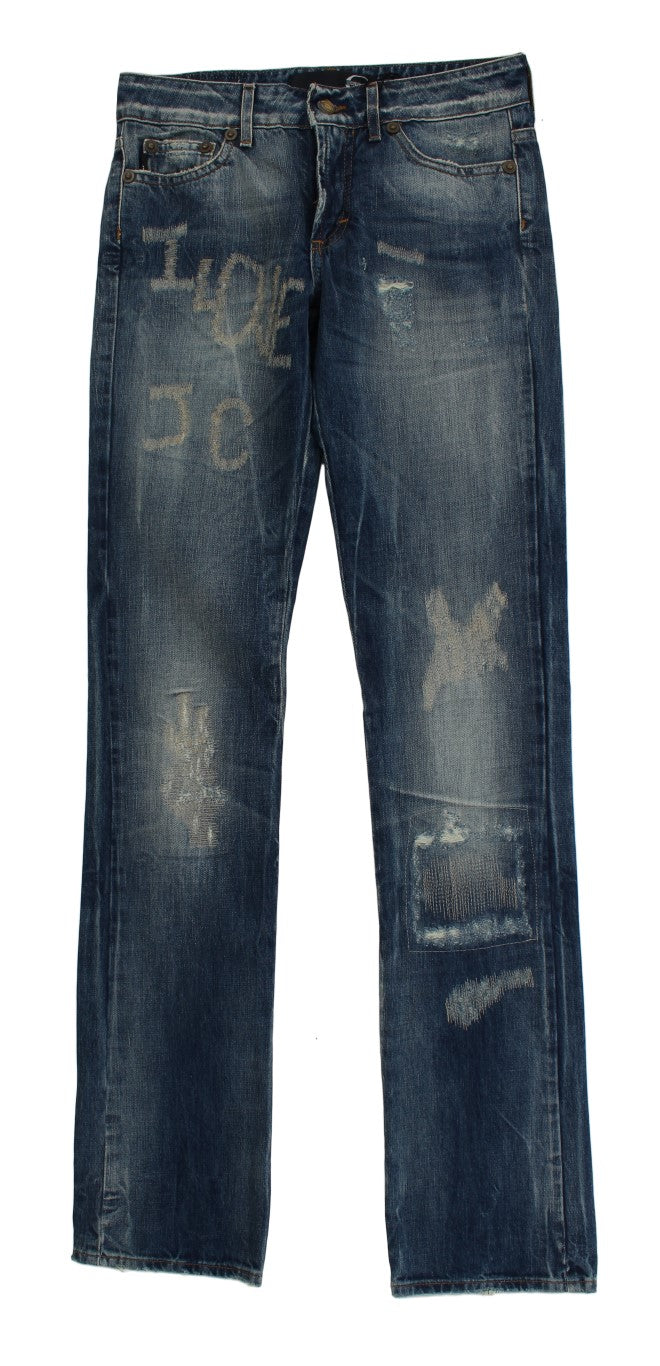 Cavalli Blue Wash Distressed Cotton Straight Fit Jeans