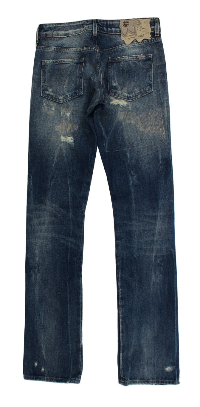 Cavalli Blue Wash Distressed Cotton Straight Fit Jeans