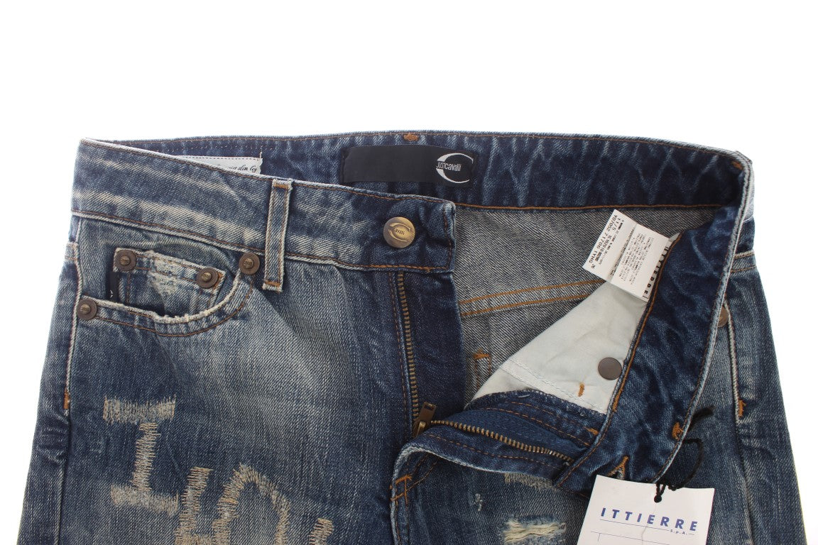 Cavalli Blue Wash Distressed Cotton Straight Fit Jeans