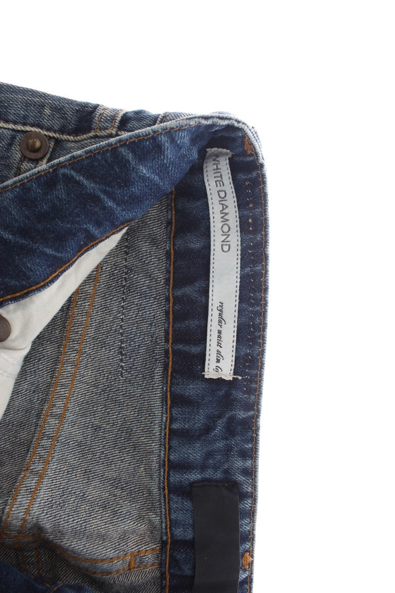 Cavalli Blue Wash Distressed Cotton Straight Fit Jeans