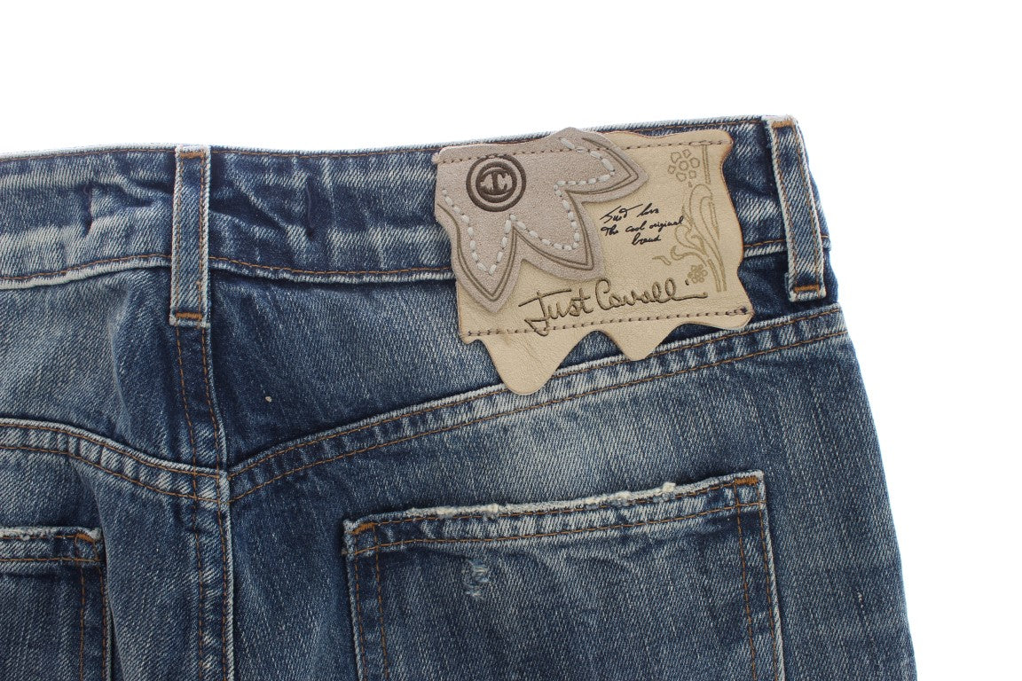 Cavalli Blue Wash Distressed Cotton Straight Fit Jeans