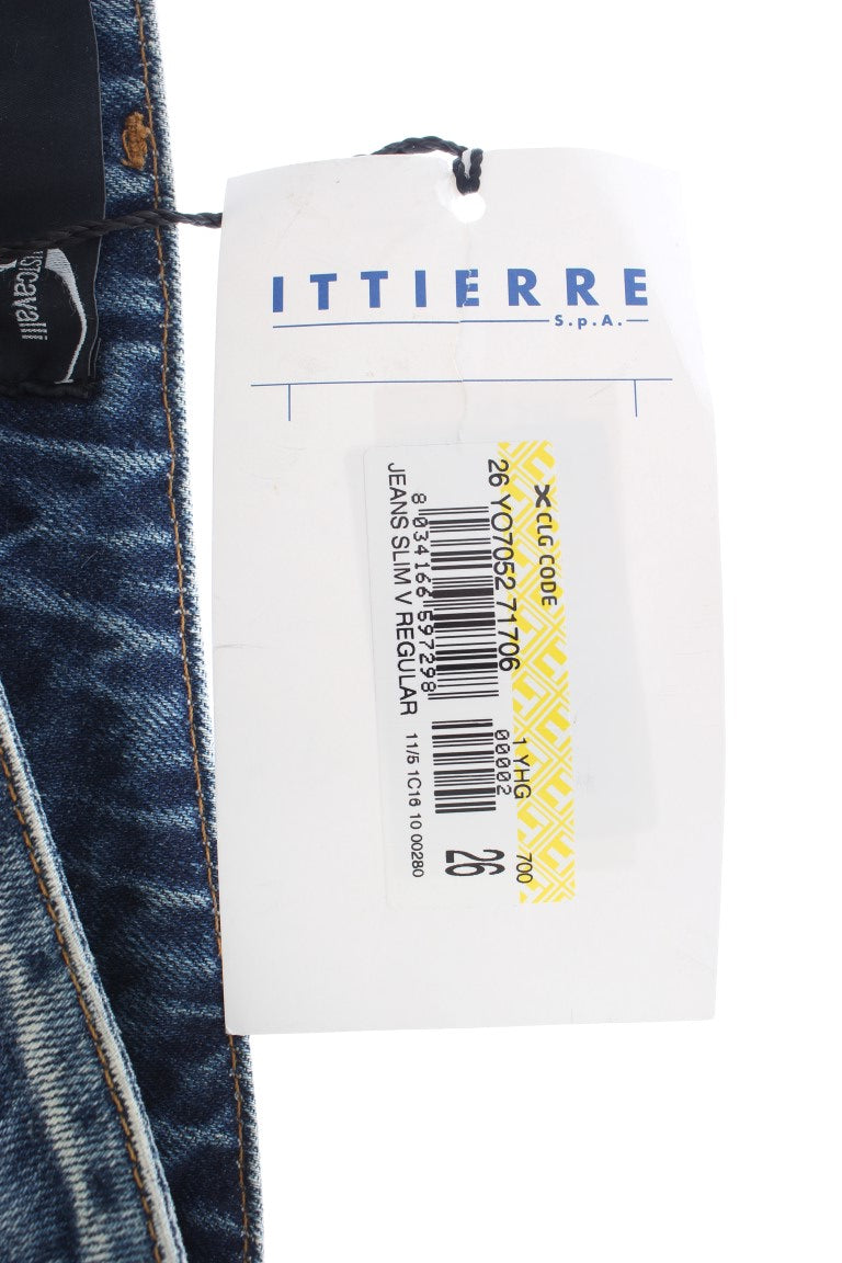 Cavalli Blue Wash Distressed Cotton Straight Fit Jeans