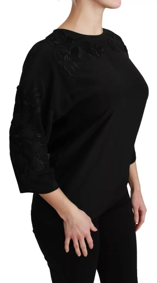 Dolce & Gabbana Schwarzes Blusentop mit Blumenstickerei aus Seide