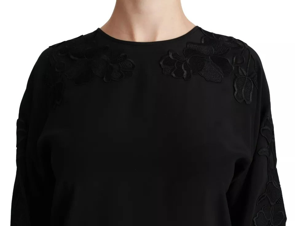Dolce & Gabbana Schwarzes Blusentop mit Blumenstickerei aus Seide
