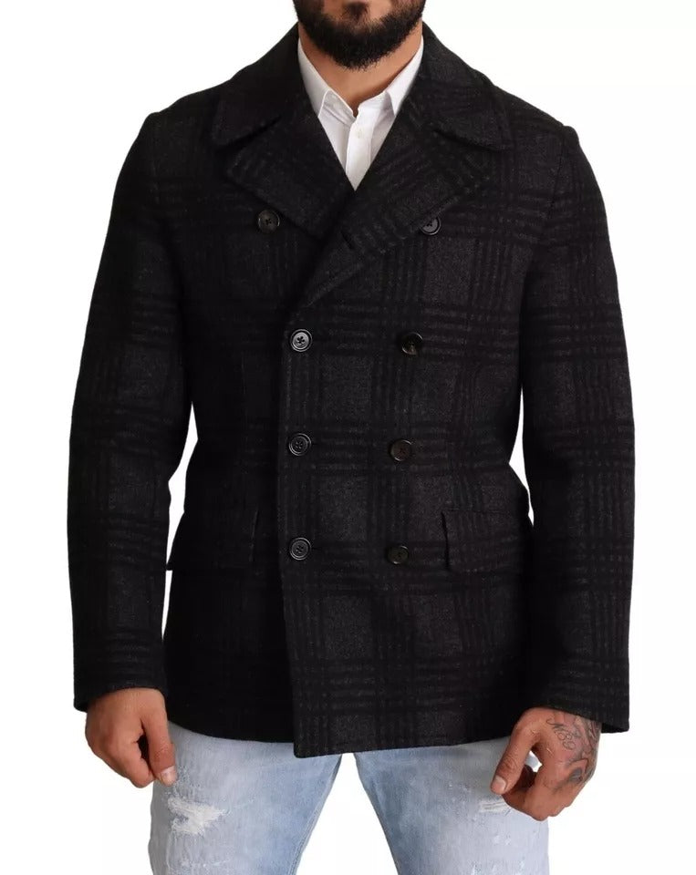 Dolce & Gabbana Black Trench Coat Plaid Wool Jacket
