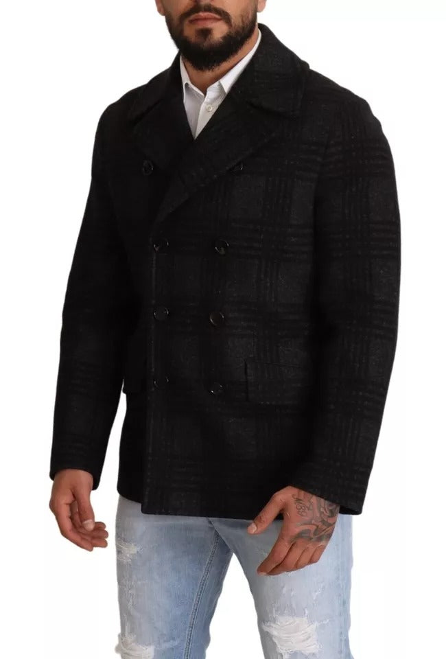 Dolce & Gabbana Black Trench Coat Plaid Wool Jacket