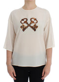 Dolce & Gabbana Weiße Pailletten-Schlüssel-Seidenbluse T-shirt Top