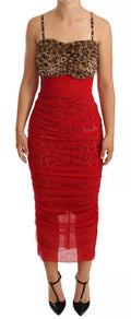 Dolce & Gabbana Brown Leopard Red Tulle Sheath Midi Dress