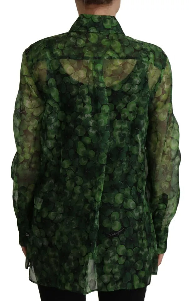 Dolce & Gabbana Green Clover Print Long Sleeve Collared Blouse