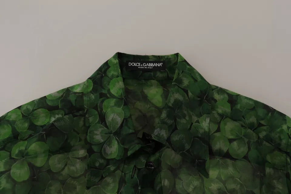 Dolce & Gabbana Green Clover Print Long Sleeve Collared Blouse
