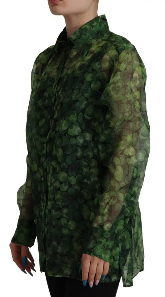 Dolce & Gabbana Green Clover Print Long Sleeve Collared Blouse