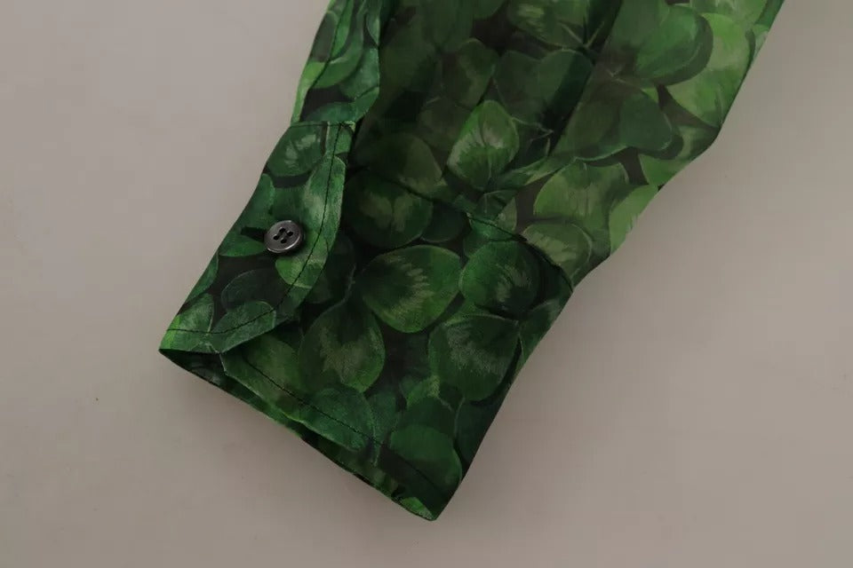 Dolce & Gabbana Green Clover Print Long Sleeve Collared Blouse