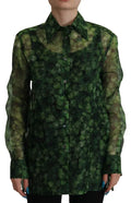 Dolce & Gabbana Green Clover Print Long Sleeve Collared Blouse