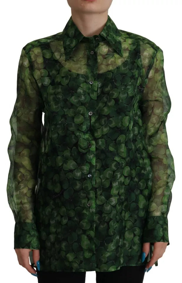 Dolce & Gabbana Green Clover Print Long Sleeve Collared Blouse