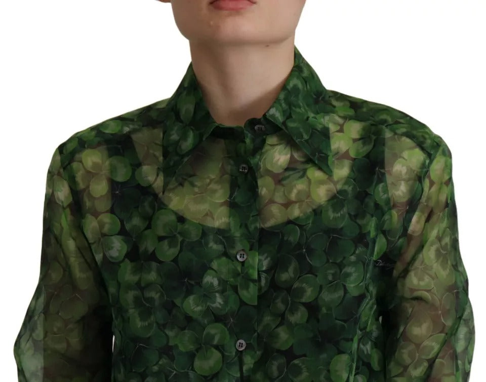 Dolce & Gabbana Green Clover Print Long Sleeve Collared Blouse