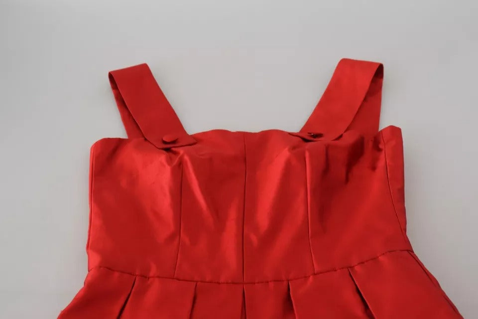 Dolce & Gabbana Red A-Line Pleated Midi Dress in Satin and Silk