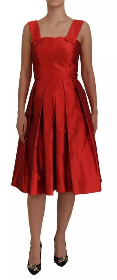 Dolce & Gabbana Red A-Line Pleated Midi Dress in Satin and Silk