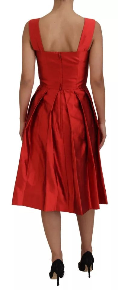 Dolce & Gabbana Red A-Line Pleated Midi Dress in Satin and Silk