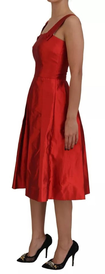 Dolce & Gabbana Red A-Line Pleated Midi Dress in Satin and Silk