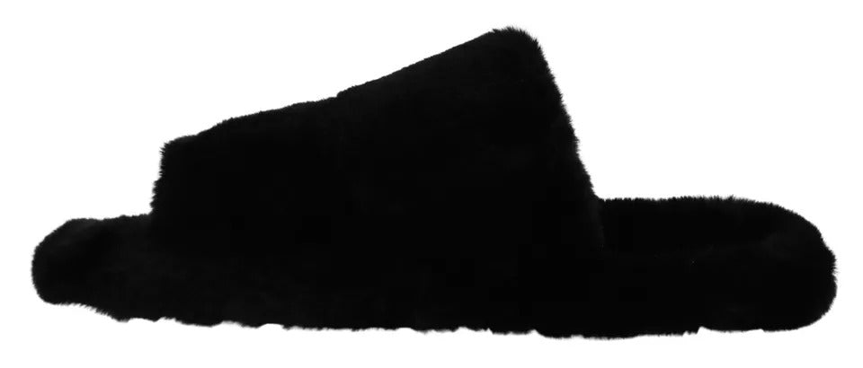 Dolce & Gabbana Black Polyester Faux Fur Men's Flat Sandals Shoes