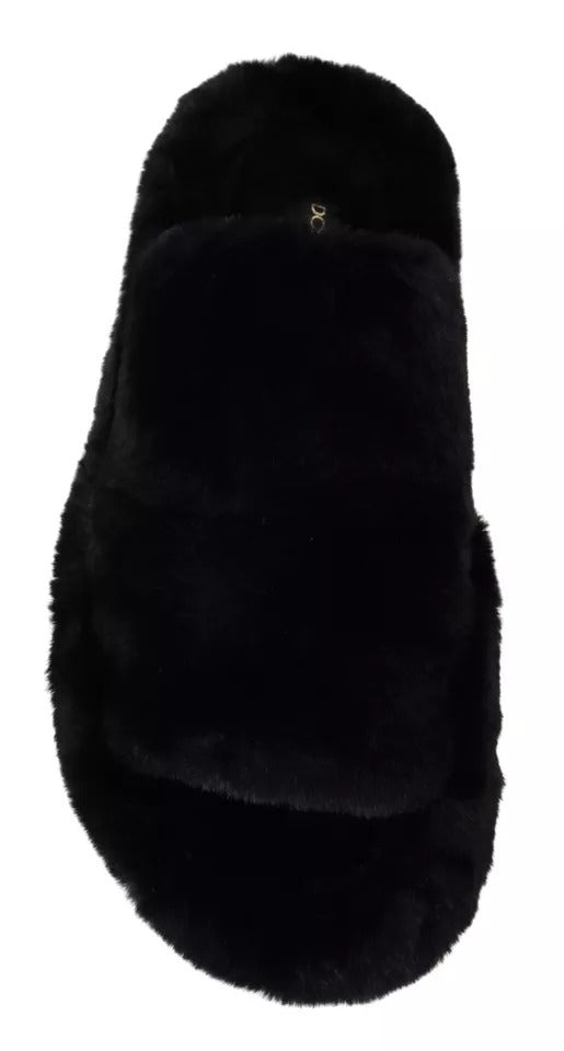 Dolce & Gabbana Black Polyester Faux Fur Men's Flat Sandals Shoes