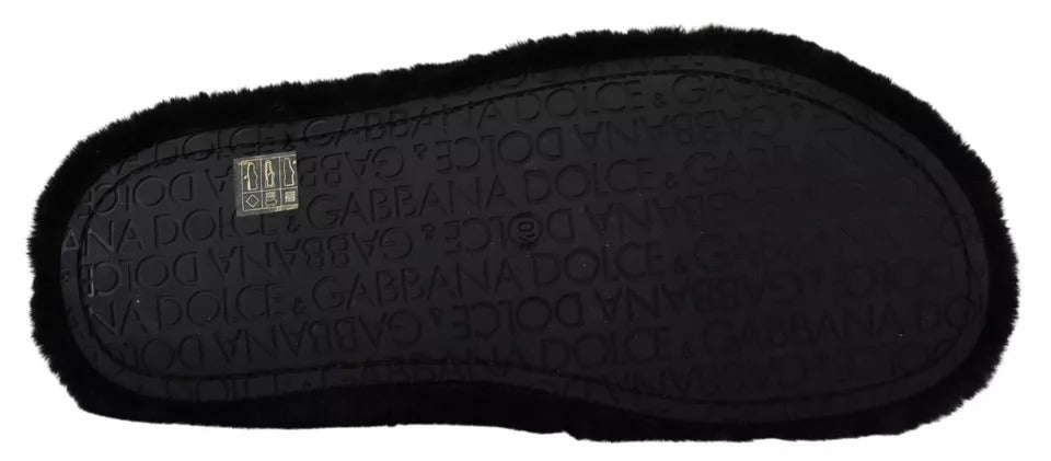 Dolce & Gabbana Black Polyester Faux Fur Men's Flat Sandals Shoes
