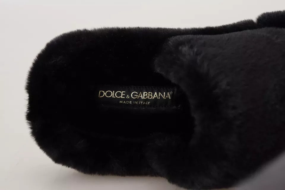 Dolce & Gabbana Schwarz Polyester Kunstfell Herren Flats Sandalen Schuhe