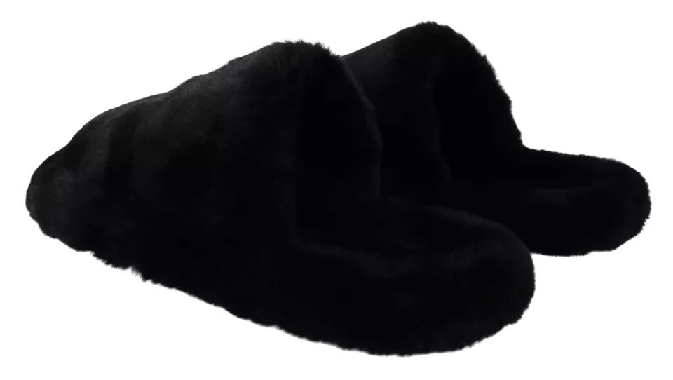 Dolce & Gabbana Black Polyester Faux Fur Men's Flat Sandals Shoes