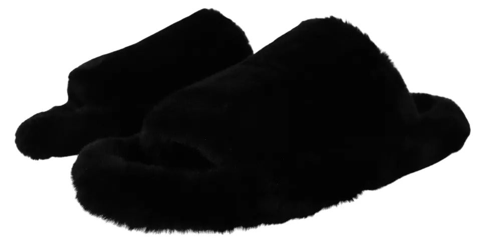 Dolce & Gabbana Schwarz Polyester Kunstfell Herren Flats Sandalen Schuhe