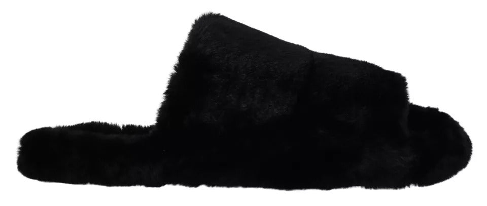 Dolce & Gabbana Black Polyester Faux Fur Men's Flat Sandals Shoes