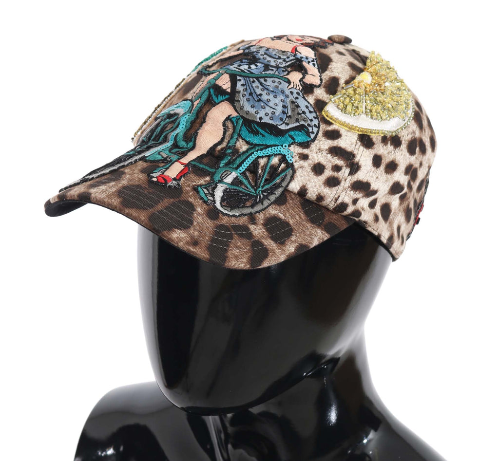 Dolce & Gabbana Brown Leopard Sequin Sicily Applique Baseball Cap