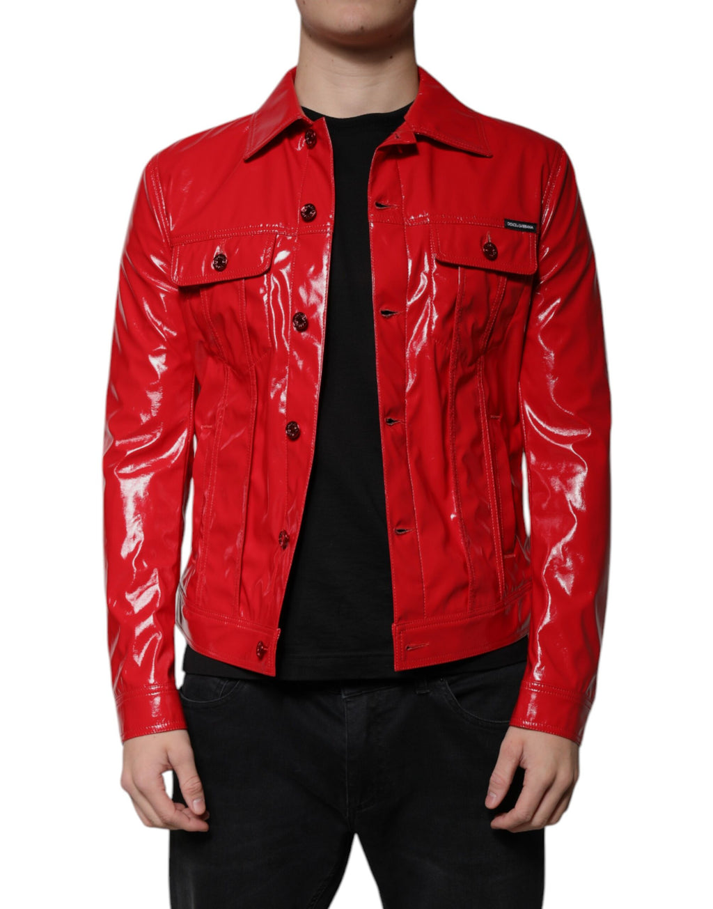 Dolce & Gabbana Red Polyester Button-Front Collared Jacket