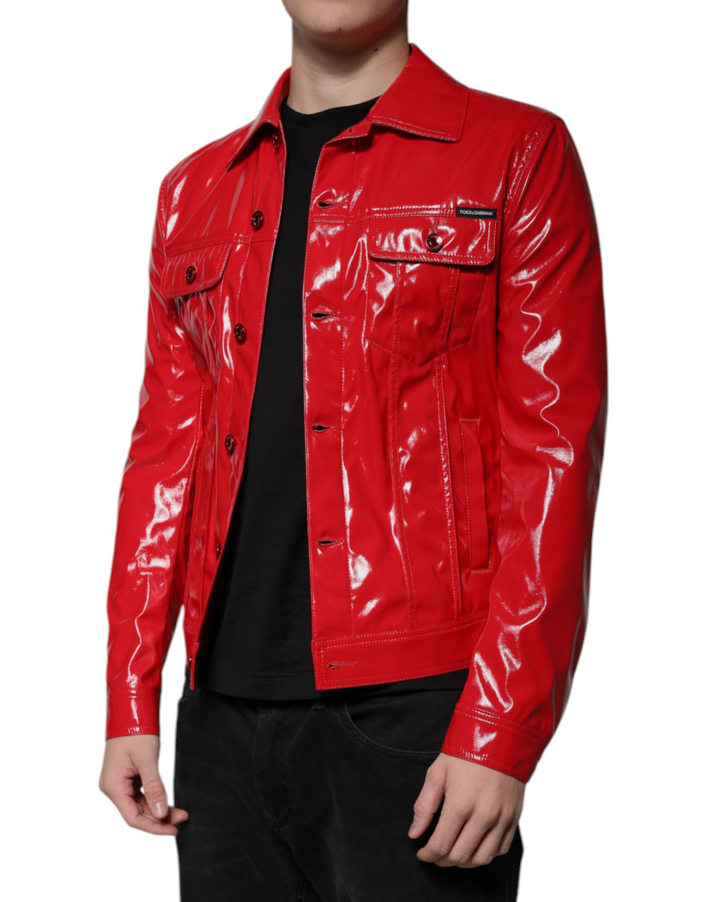 Dolce & Gabbana Red Polyester Button-Front Collared Jacket
