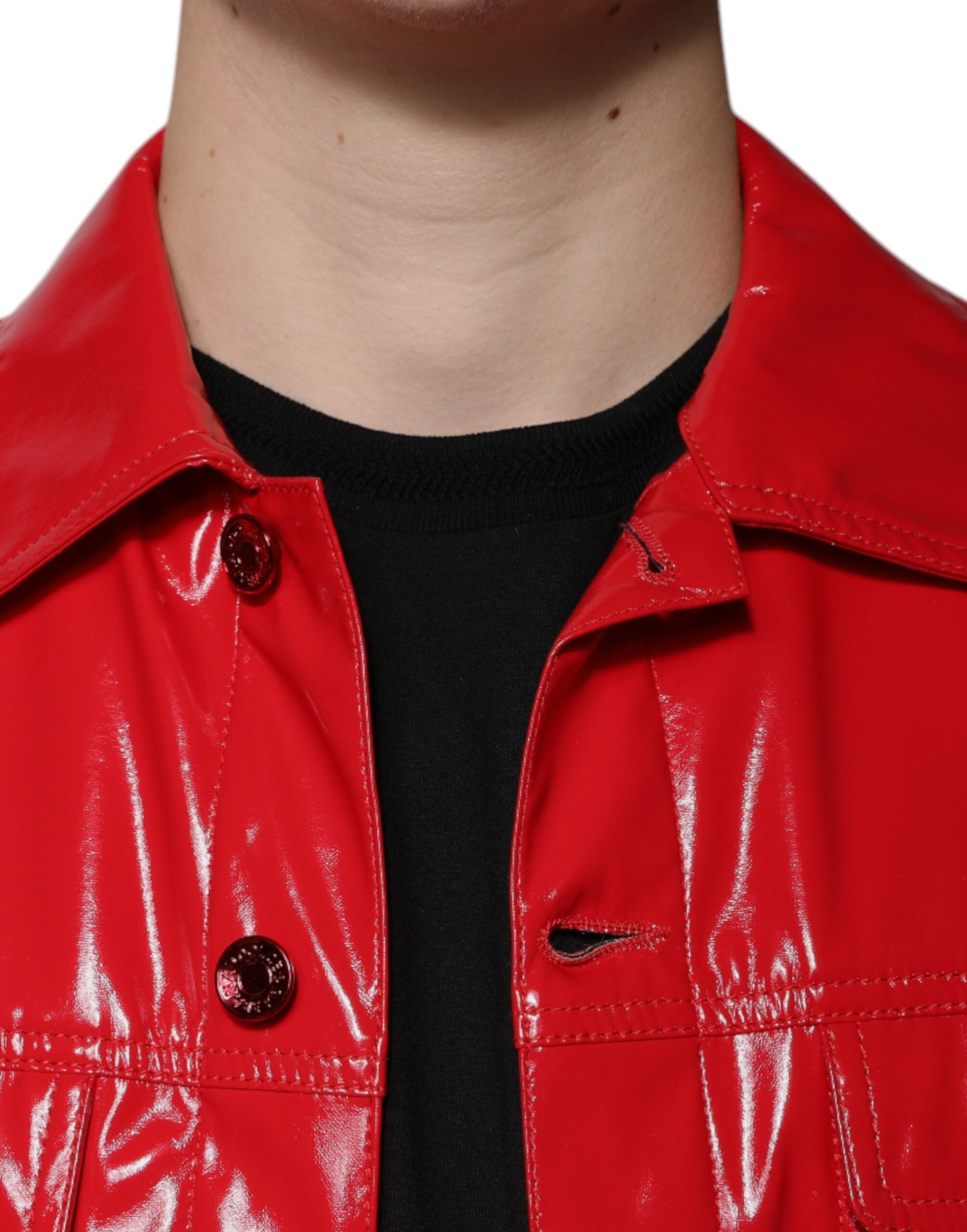 Dolce & Gabbana Red Polyester Button-Front Collared Jacket