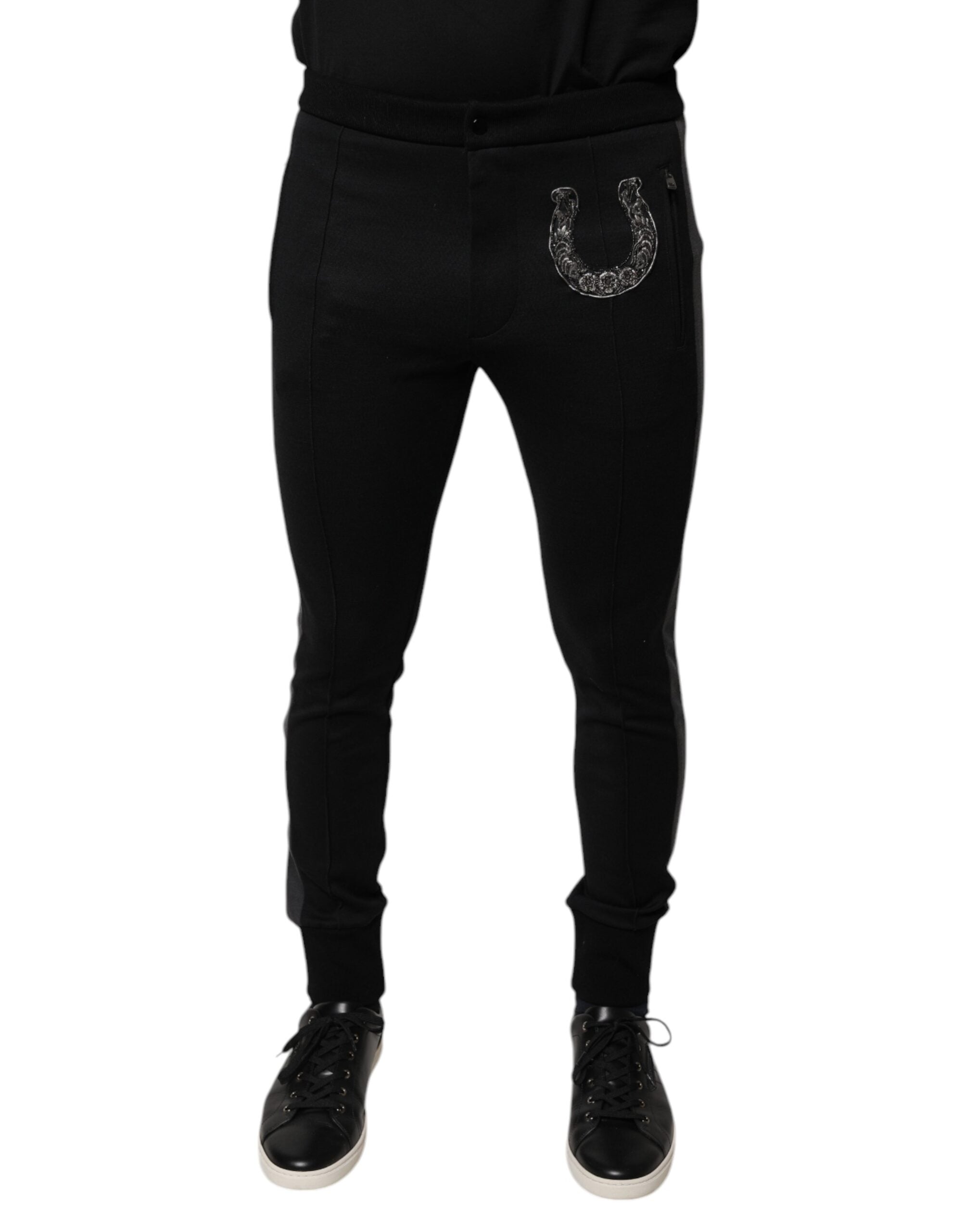 Dolce & Gabbana Schwarze Slim Fit-Hose aus Wolle mit Hufeisenverzierung