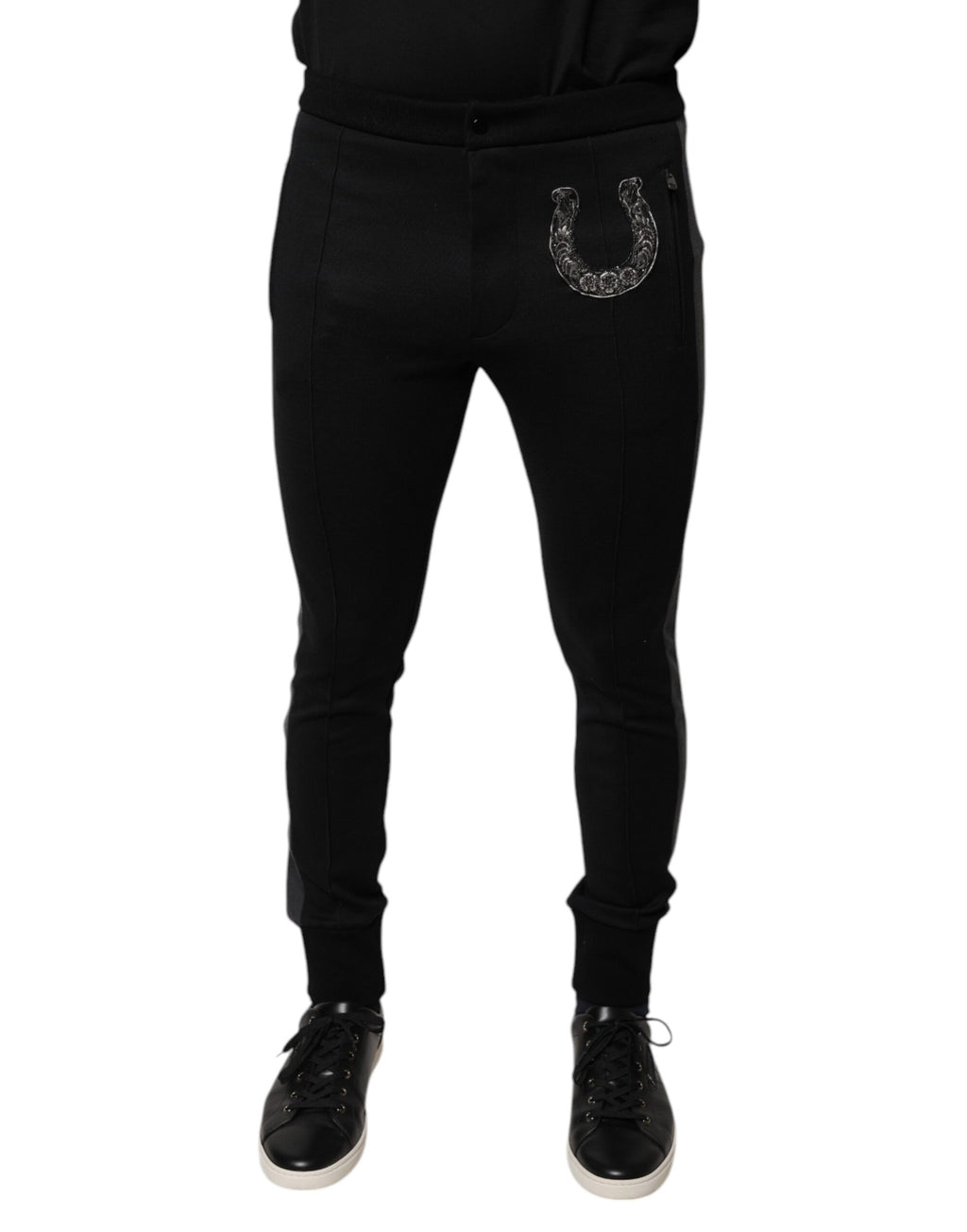 Dolce & Gabbana Schwarze Slim Fit-Hose aus Wolle mit Hufeisenverzierung