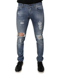 Dolce & Gabbana Blue Distressed Cotton-Stretch Denim Jeans