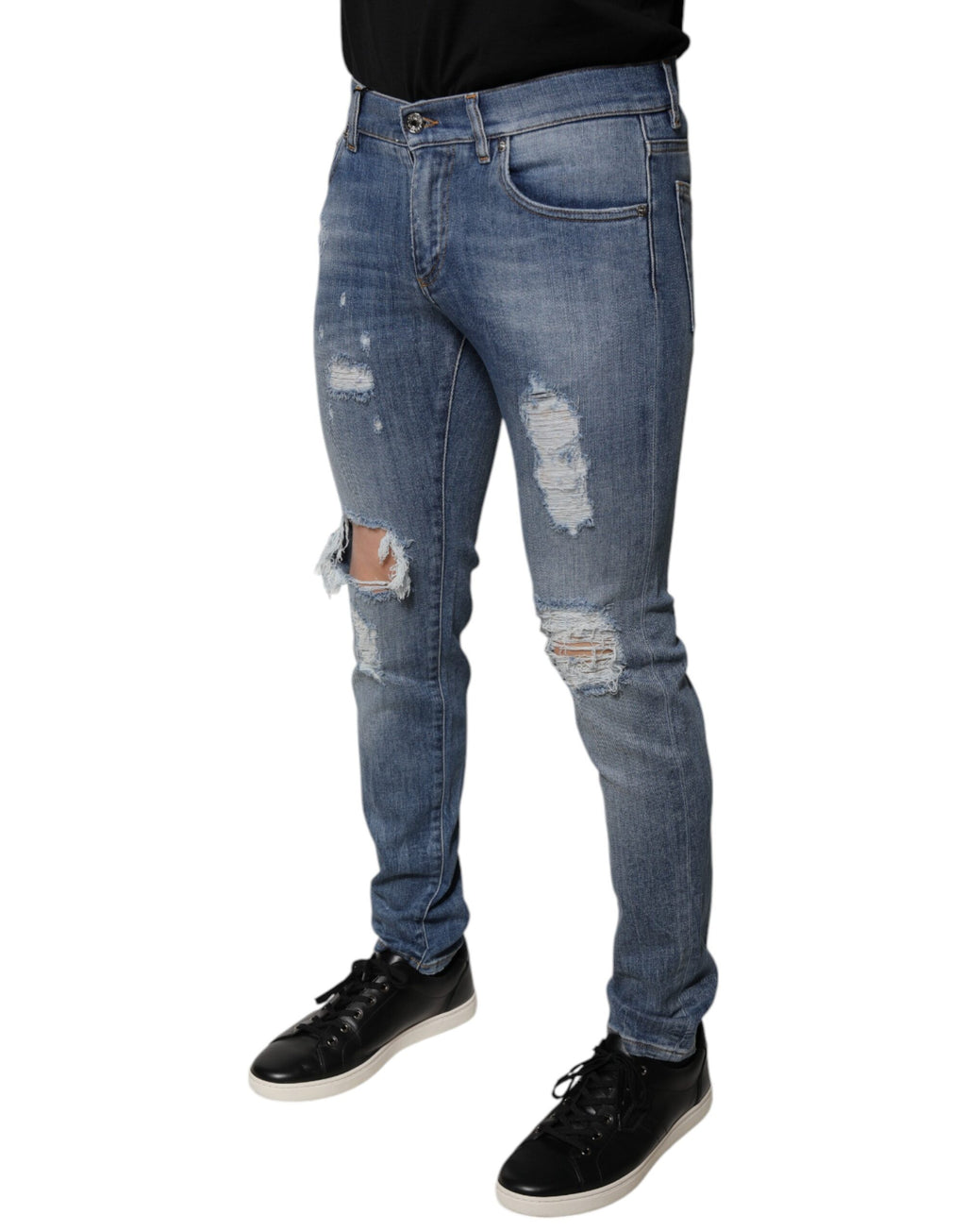 Dolce & Gabbana Blue Distressed Cotton-Stretch Denim Jeans