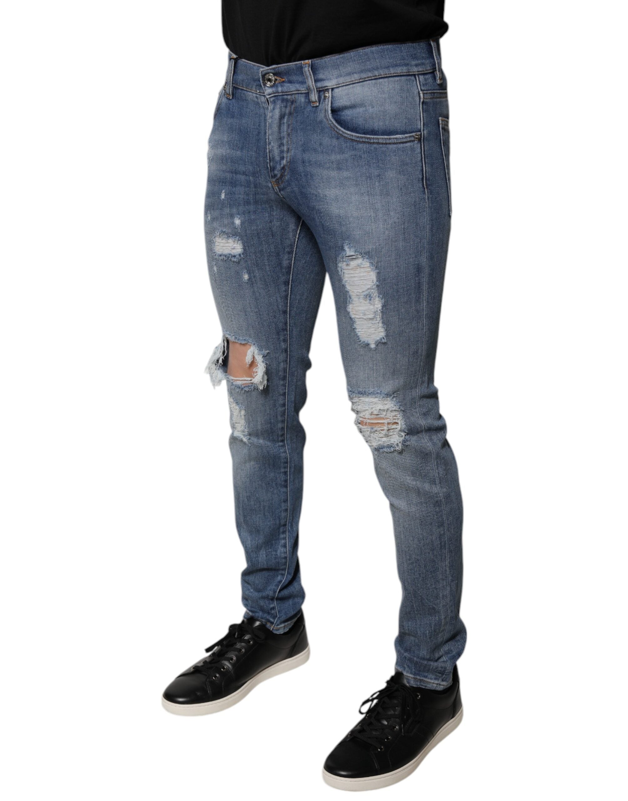 Dolce & Gabbana Blue Distressed Cotton-Stretch Denim Jeans