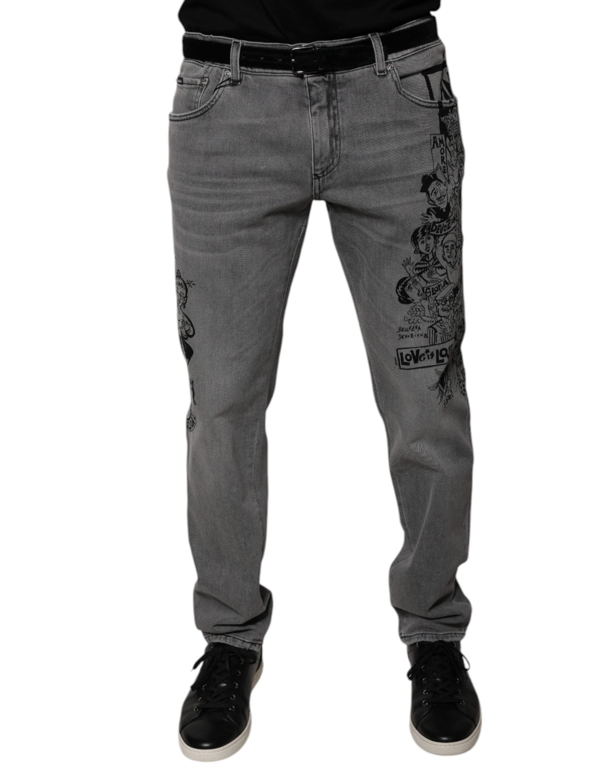 Dolce & Gabbana Grey Graphic Print Cotton Skinny Denim Jeans