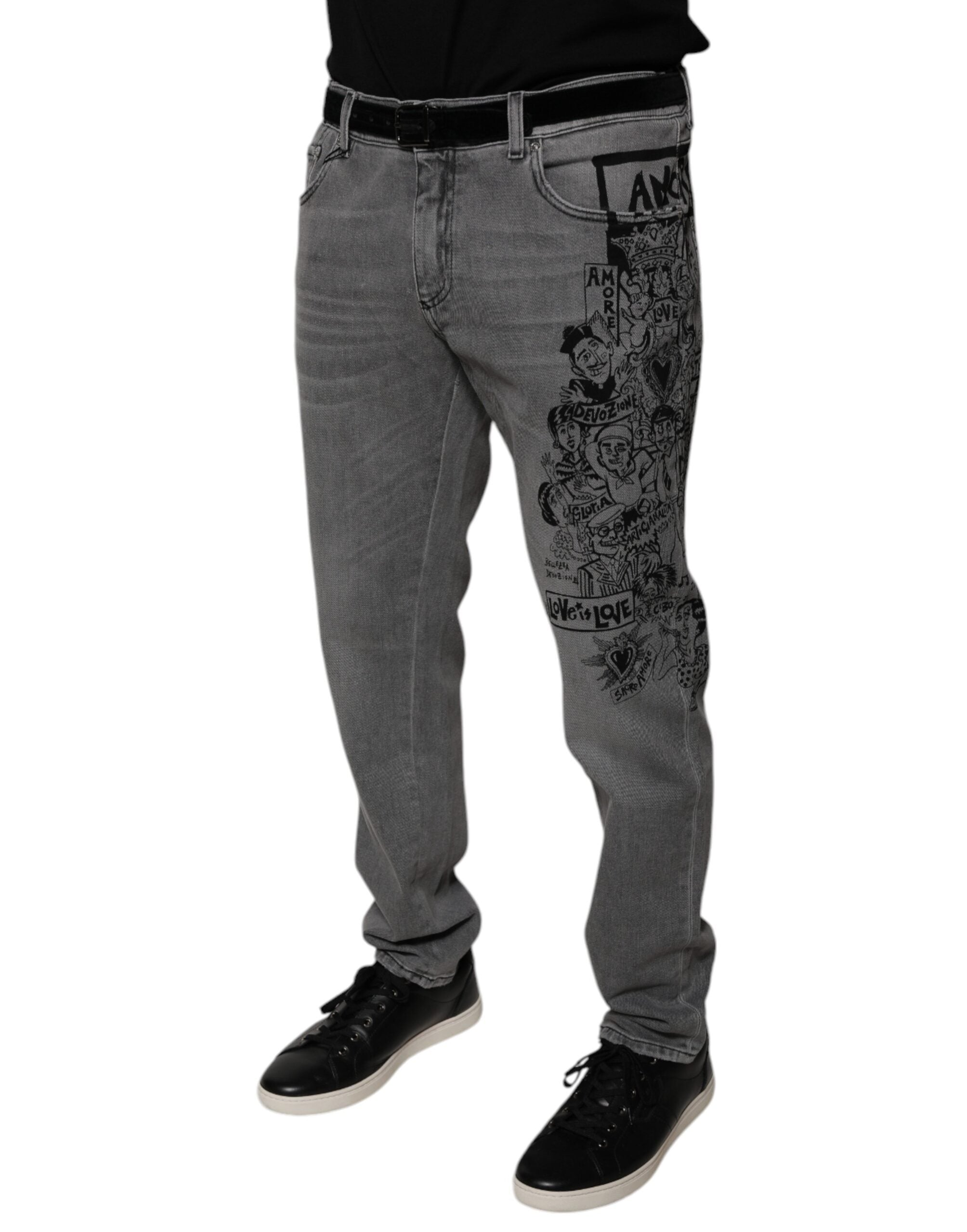 Dolce & Gabbana Grey Graphic Print Cotton Skinny Denim Jeans